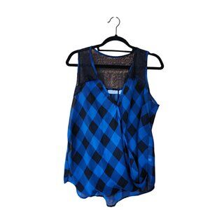NY & Co Blue & Black Checkered Sleeveless Blouse With Lace Detail Womens Large
